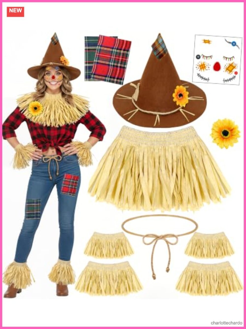 Scarecrow Costume Accessory Set Raffia Headband Neck Wrist Leg Ties Face Decal